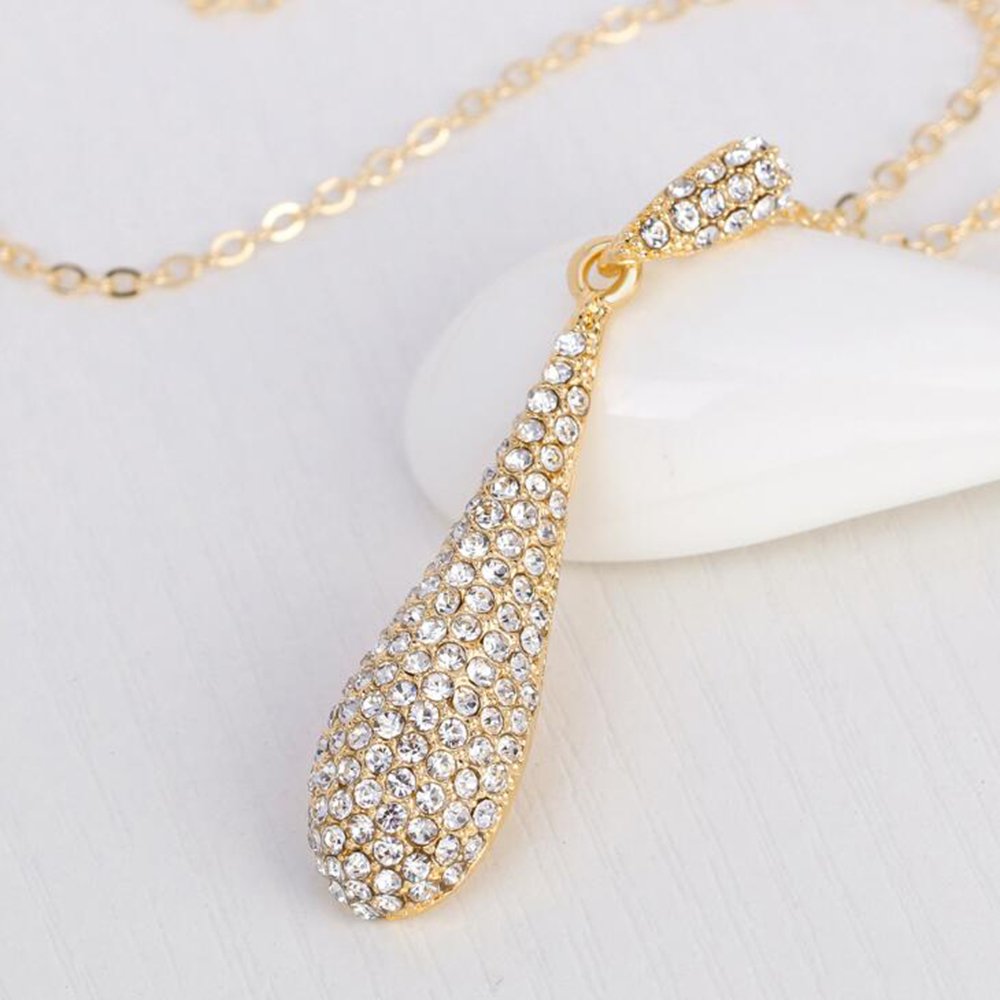 YINLI Gold Full Crystal Rhinestone Gem Tear Drop Pendant Necklace Earrings Jewelry Sets (Style01)