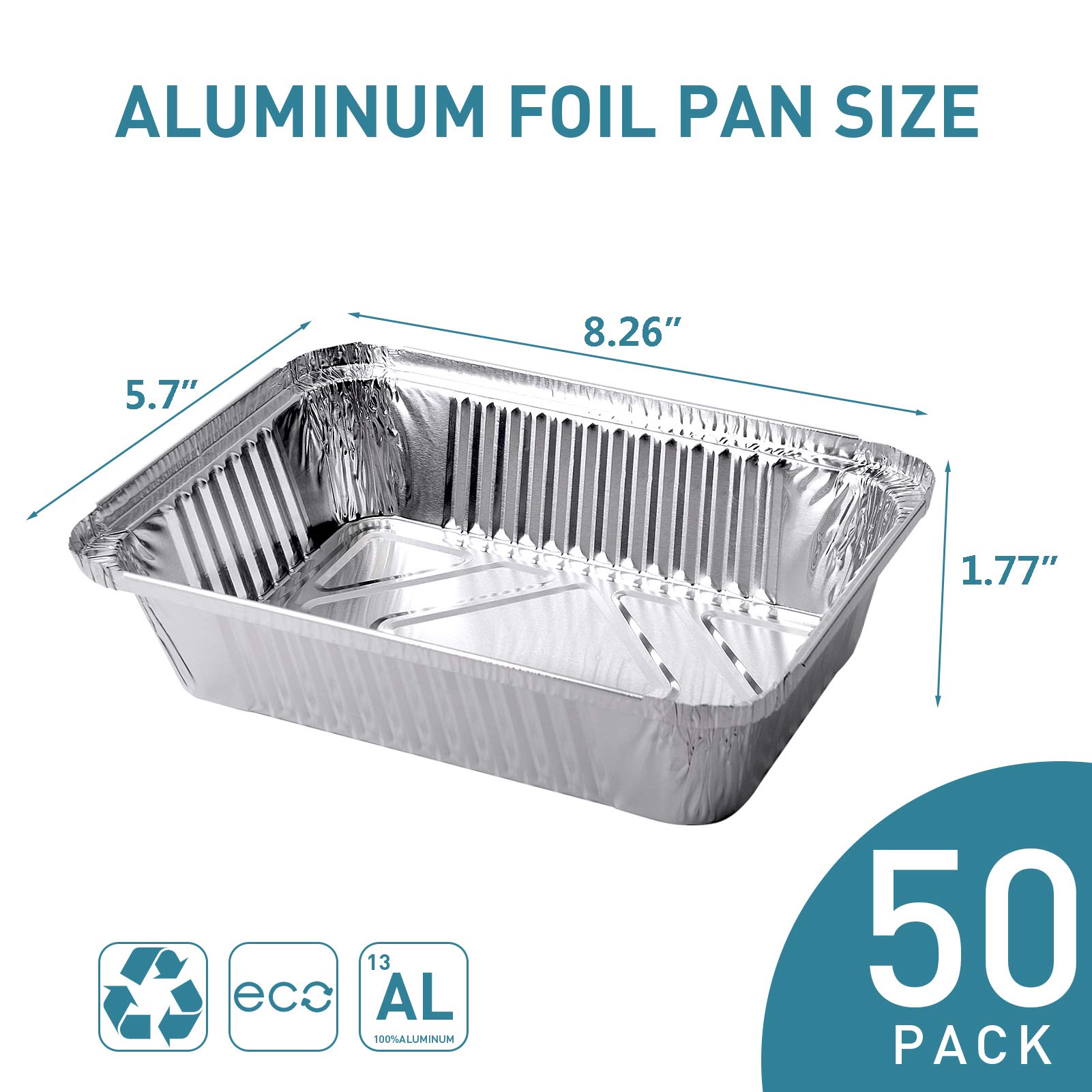 XIAFEI 2LB Takeout Foil Pans with Lids(50 Pack), Recyclable Food Storage,Disposable Aluminum Foil for Catering Party Meal Prep Freezer Drip Pans BBQ Potluck Holidays- 8.26" x 5.7" x 1.77"