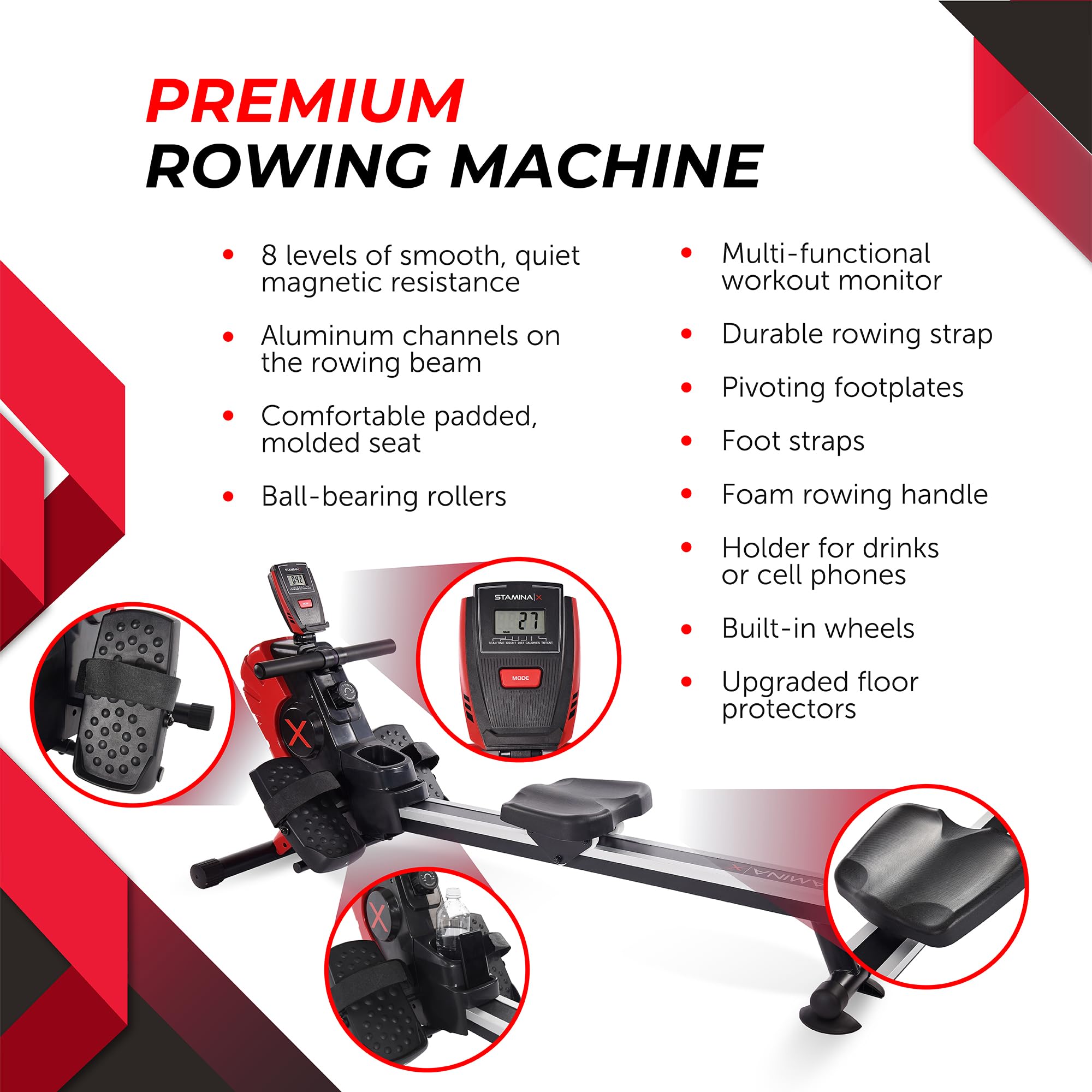 Stamina X Magnetic Rower 1102 - Rower Machine with Smart Workout App - Rowing Machine with Magnetic Resistance for Home Gym Fitness - Up to 250 lbs Weight Capacity - Black/Red