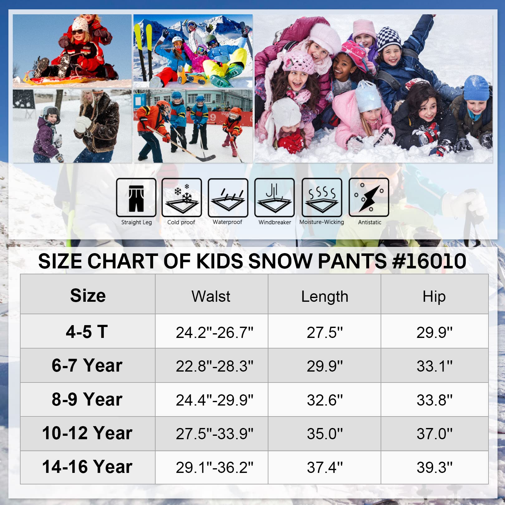 Jessie Kidden Kids Boys Girls Youth Waterproof Windproof Hiking Ski Snow Pants Elastic Waist Warm Insulated Fleece Lined Winter Pants #16010-Light Blue,10-12Years