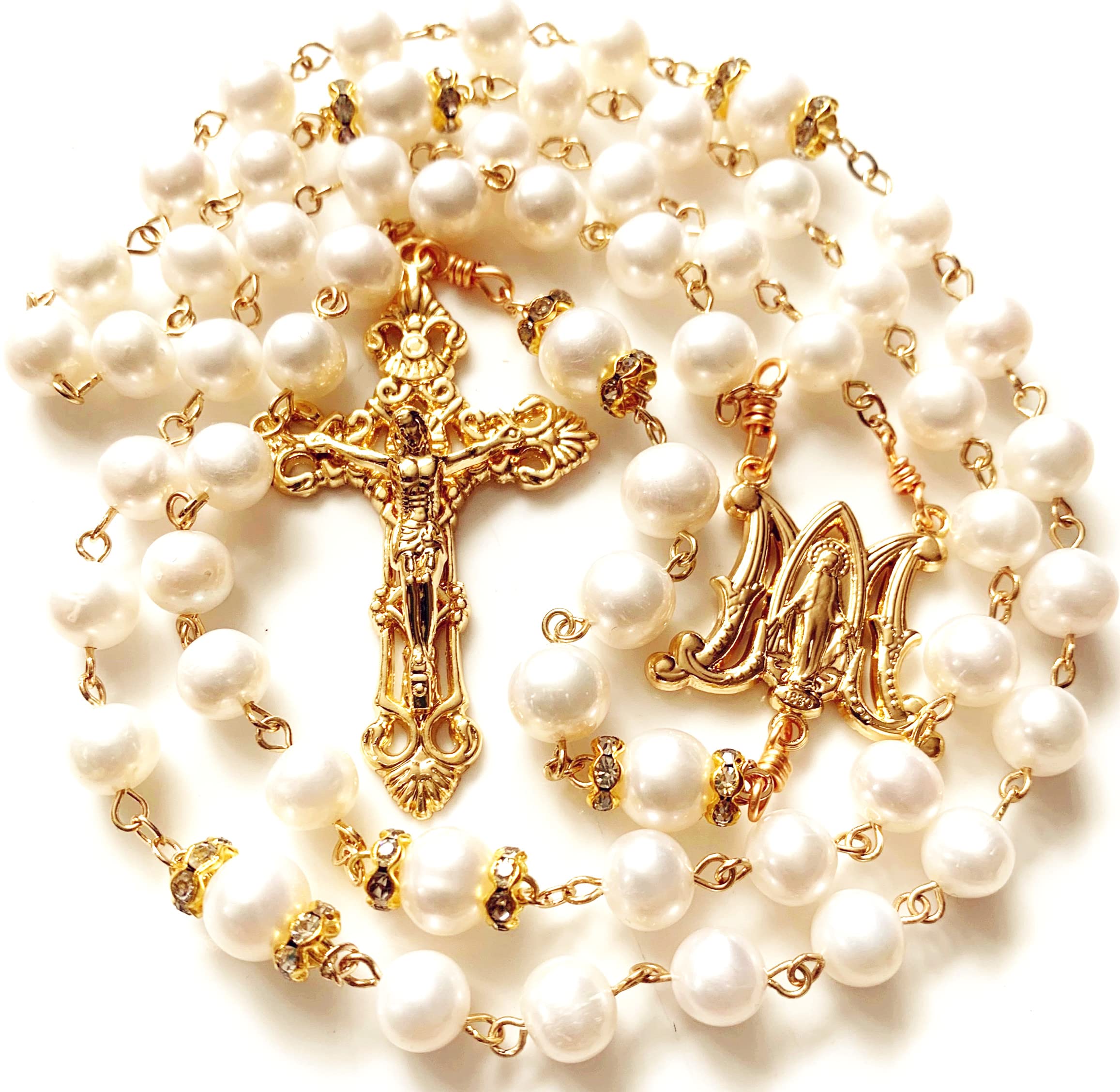 elegantmedical HANDMADE CATHOLIC GLOD 8MM REAL PEARL PEARL BEADS NECKLACE 5 DECADE ROSARY & CROSS CRUCIFIX BOX