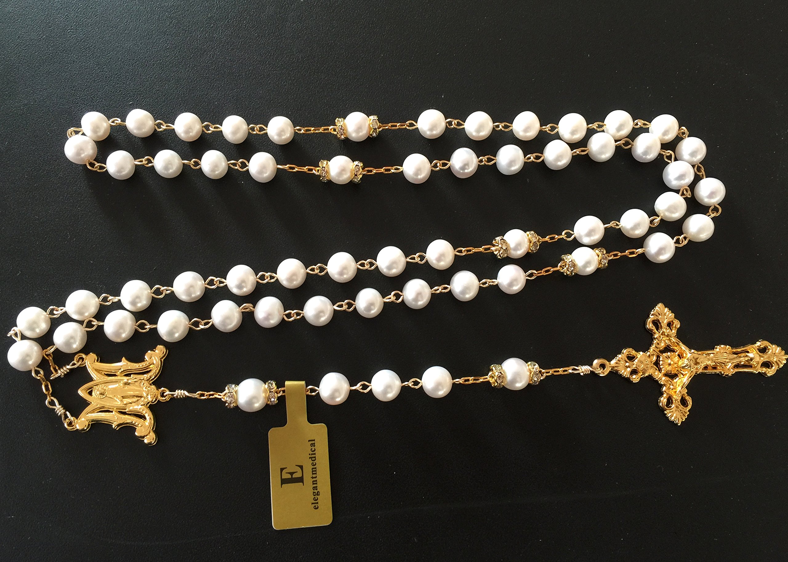 elegantmedical HANDMADE CATHOLIC GLOD 8MM REAL PEARL PEARL BEADS NECKLACE 5 DECADE ROSARY & CROSS CRUCIFIX BOX