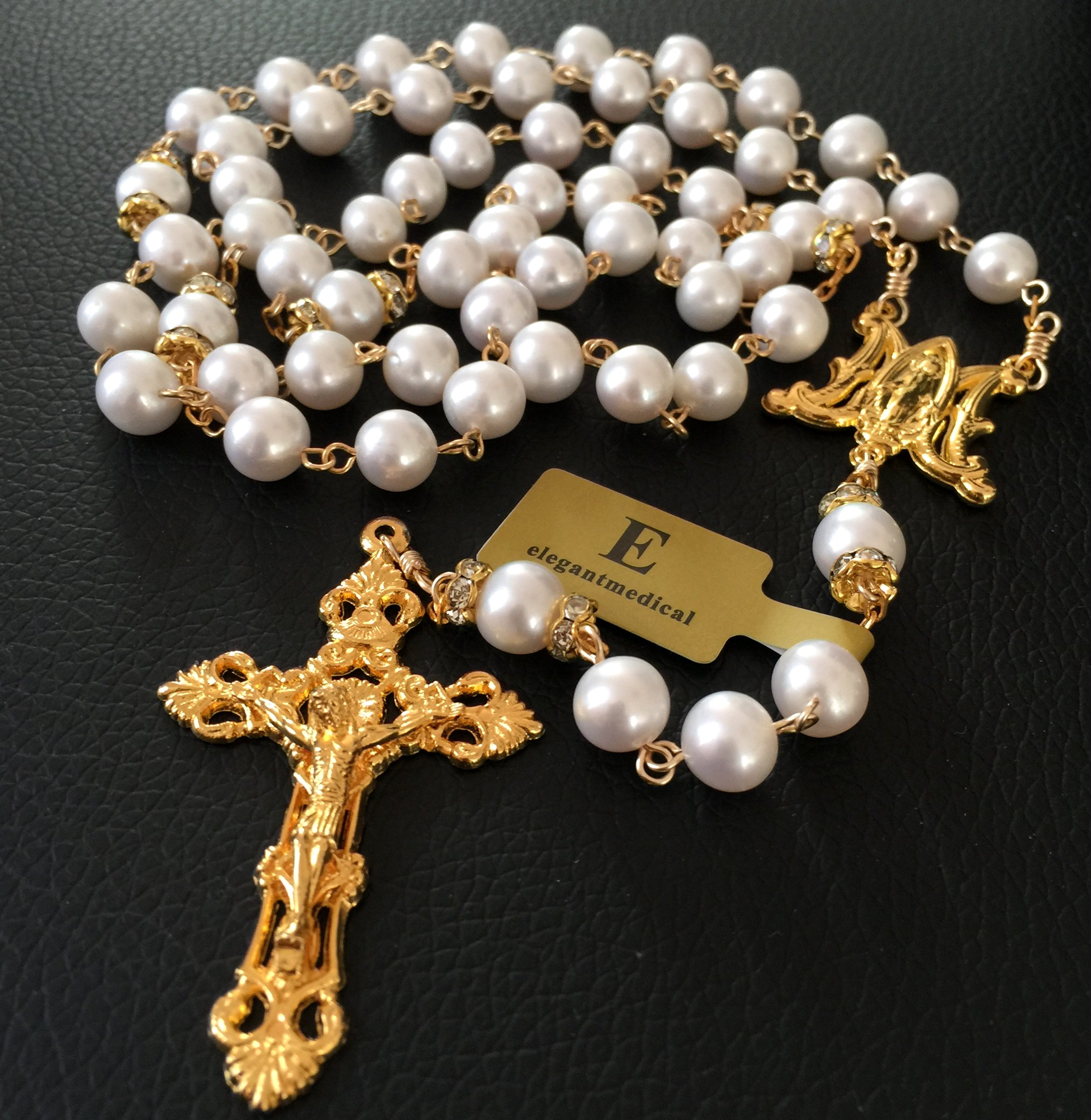 elegantmedical HANDMADE CATHOLIC GLOD 8MM REAL PEARL PEARL BEADS NECKLACE 5 DECADE ROSARY & CROSS CRUCIFIX BOX