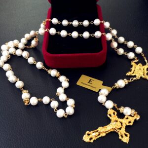 elegantmedical HANDMADE CATHOLIC GLOD 8MM REAL PEARL PEARL BEADS NECKLACE 5 DECADE ROSARY & CROSS CRUCIFIX BOX