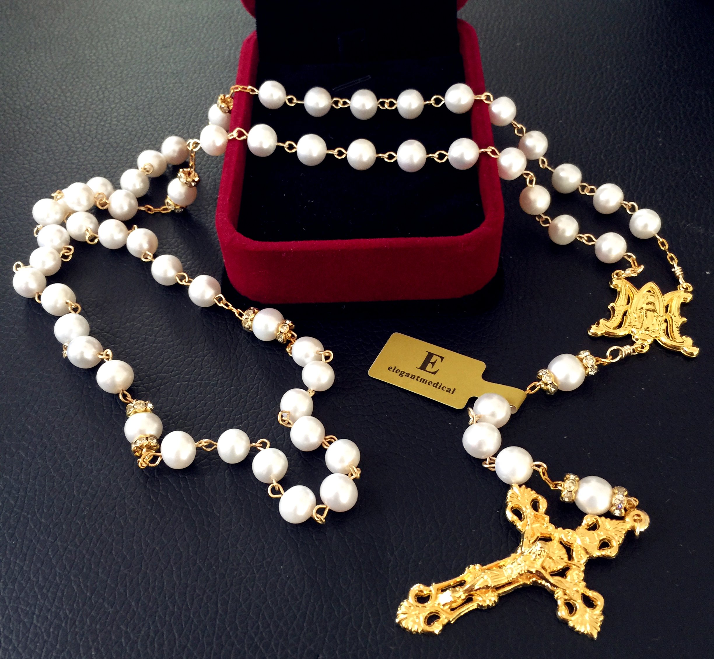 elegantmedical HANDMADE CATHOLIC GLOD 8MM REAL PEARL PEARL BEADS NECKLACE 5 DECADE ROSARY & CROSS CRUCIFIX BOX