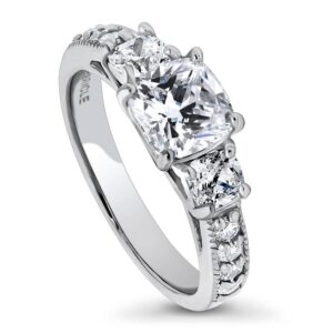 BERRICLE Sterling Silver 3-Stone Wedding Engagement Rings Cushion Cut Cubic Zirconia CZ Promise Ring for Women, Rhodium Plated Size 5.5