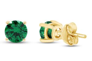 simulated green emerald 4mm round shape stud earrings in 14k yellow gold over sterling silver (0.5 ct)