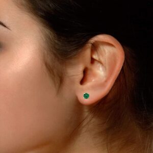 Simulated Green Emerald 4MM Round Shape Stud Earrings In 14K Yellow Gold Over Sterling Silver (0.5 Ct)