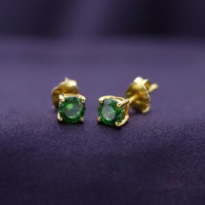 Simulated Green Emerald 4MM Round Shape Stud Earrings In 14K Yellow Gold Over Sterling Silver (0.5 Ct)