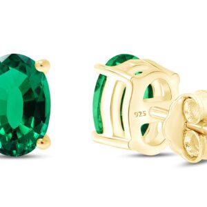 AFFY 8X6MM Oval Shape Birthstone Simulated Emerald Solitaire Stud Earrings With Friction Back for Women In 14K Yellow Gold Over Sterling Silver (VVS1- VVS2 Clarity)