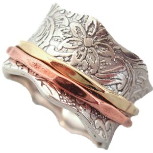 ENERGY STONE 925 Sterling Silver BALANCE & BEAUTY Meditation Spinner Ring Brass & Copper Spinners Leaf Pattern Base Ring (Style USA88)