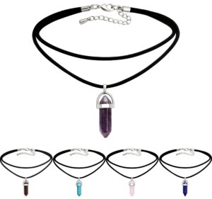 aobei pearl 5pcs hexagonal gemstone pointed reiki chakra pendant necklace genuine leather choker for women 14''