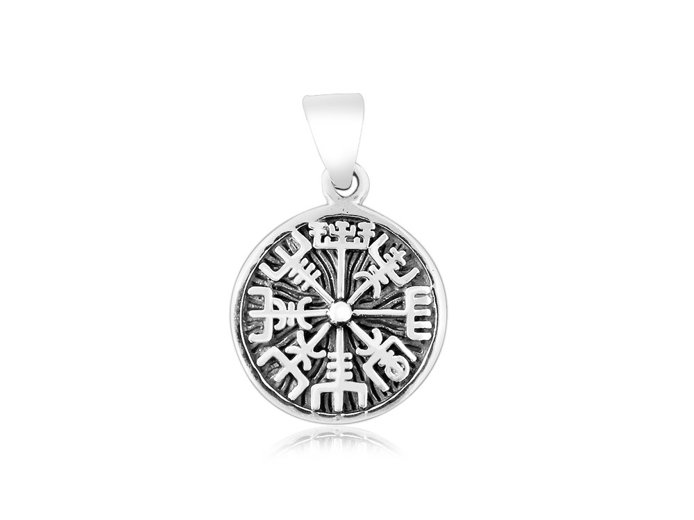 925 Sterling Silver Vegvisir Icelandic Viking Asatru Magical Staves Compass Charm Pendant