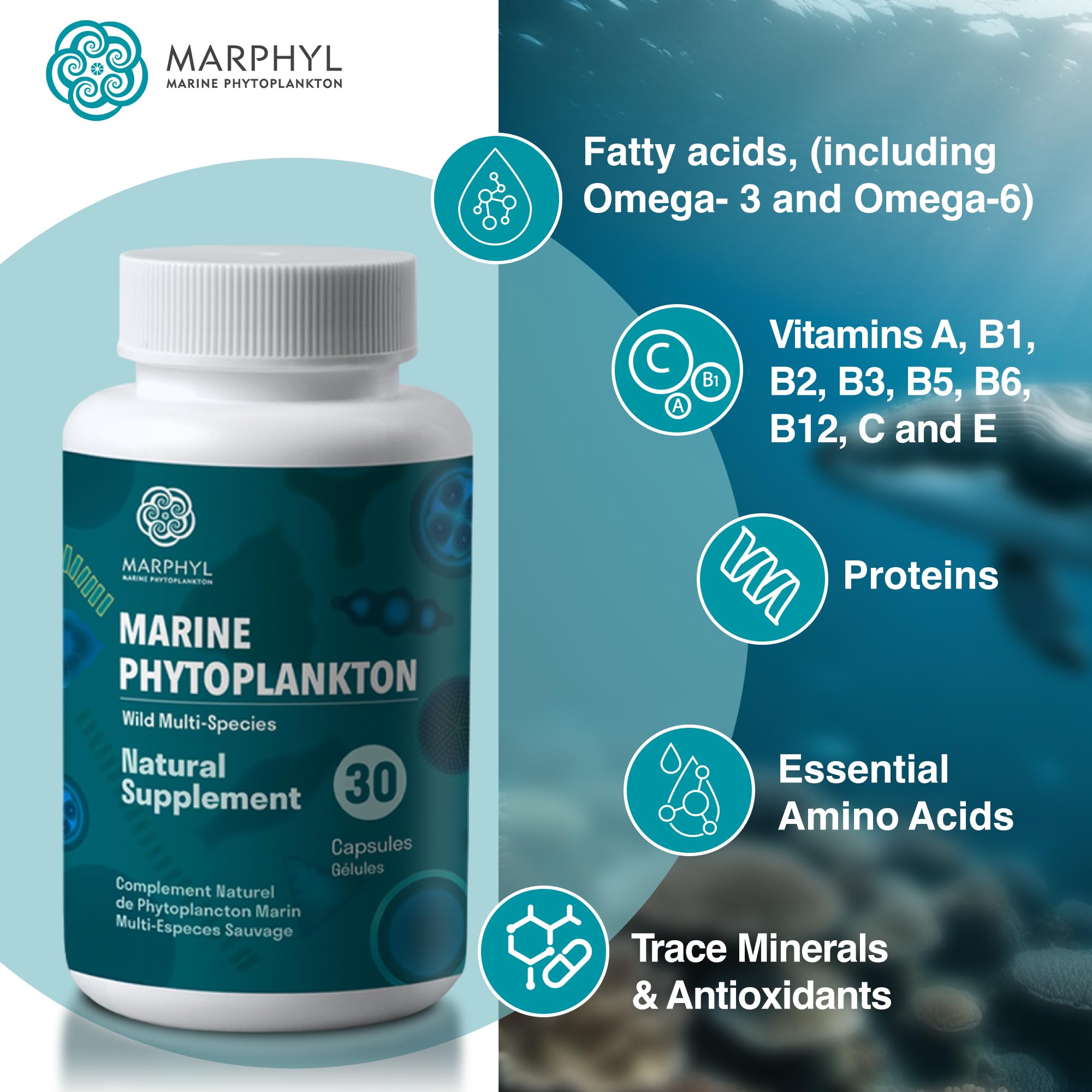 MARPHYL Marine Phytoplankton Wild Multi Species Natural Supplement - 150 mg per capsule - organic - 30 vegan capsules - from Vancouver Island, Canada