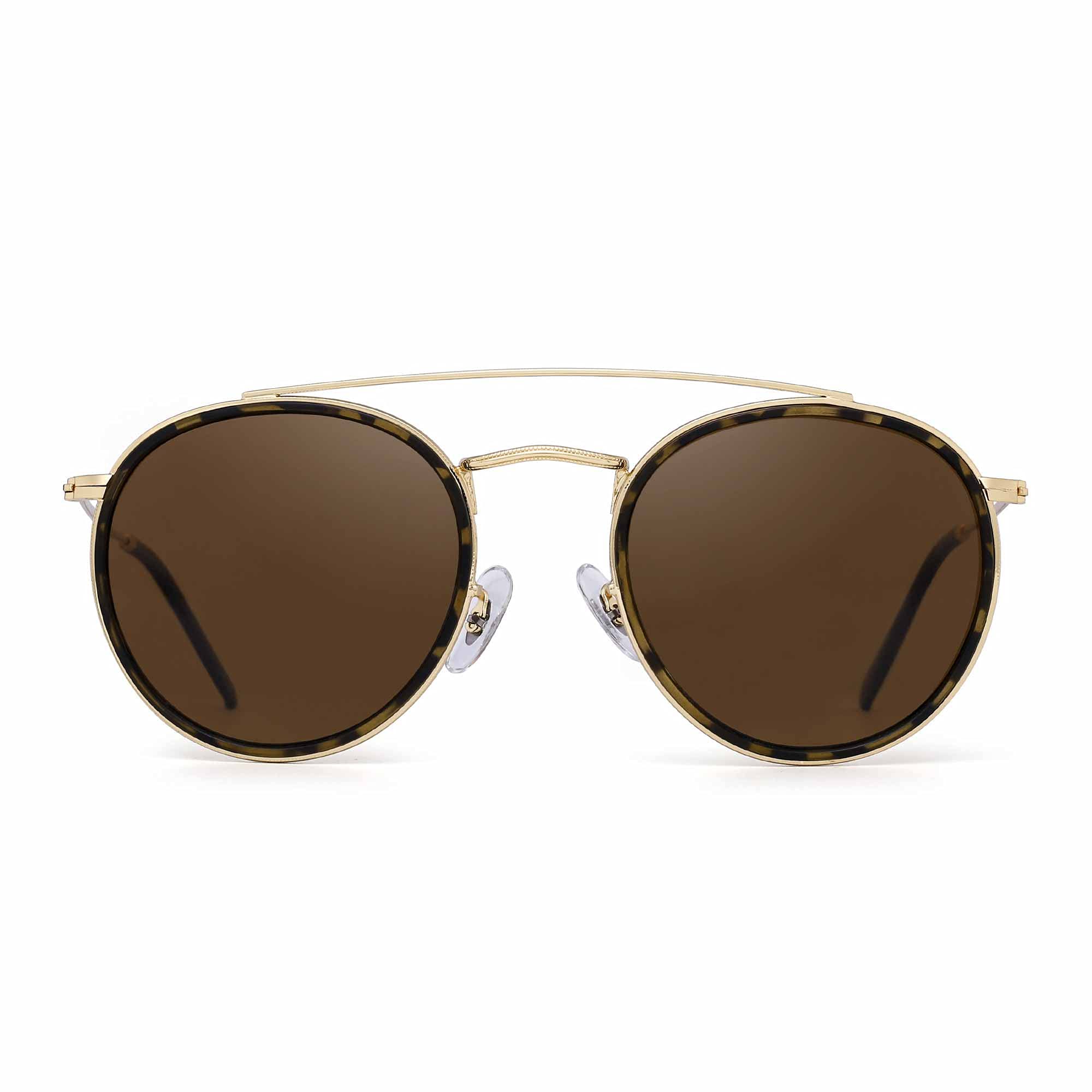 JIM HALO Small Polarized Round Sunglasses for Men, Women Vintage Double Bridge Frame (Gold Frame/Polarized Brown Lens)