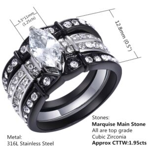 MABELLA Black Wedding Engagement Ring Set Stainless Steel Marquise Cz Gifts for Women, Size 8