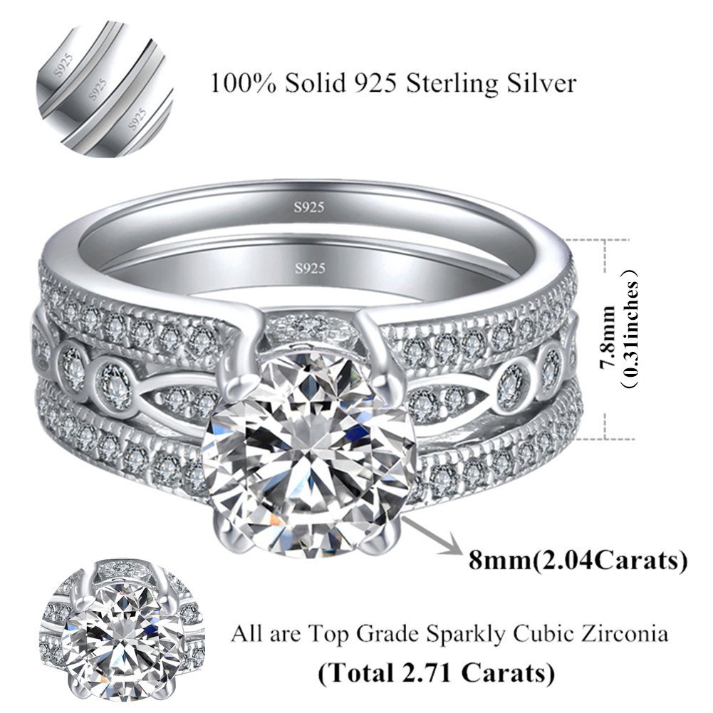 MABELLA 2.7 Carats Round Cut White Cubic Zirconia 925 Sterling Silver Alternative Engagement Wedding Ring Set Size 10