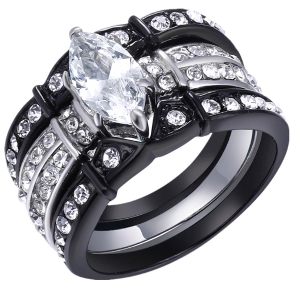 MABELLA Black Wedding Engagement Ring Set Stainless Steel Marquise Cz Gifts for Women, Size 6