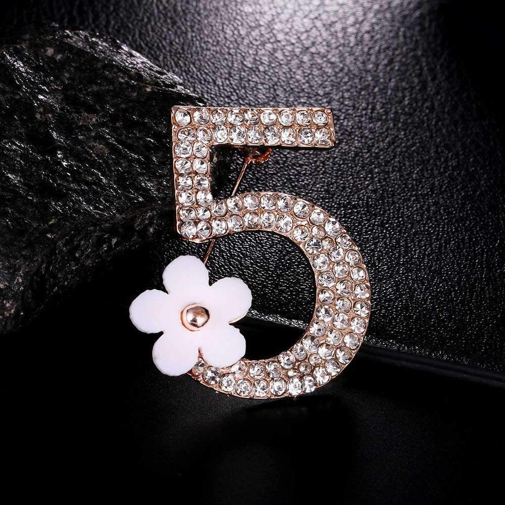 Comelyjewel Brooch Pin Number Five Pin Brooch Corsage Scarf pin Rhinestones Breastpin for Wedding/Banquet/Bouquet Golden