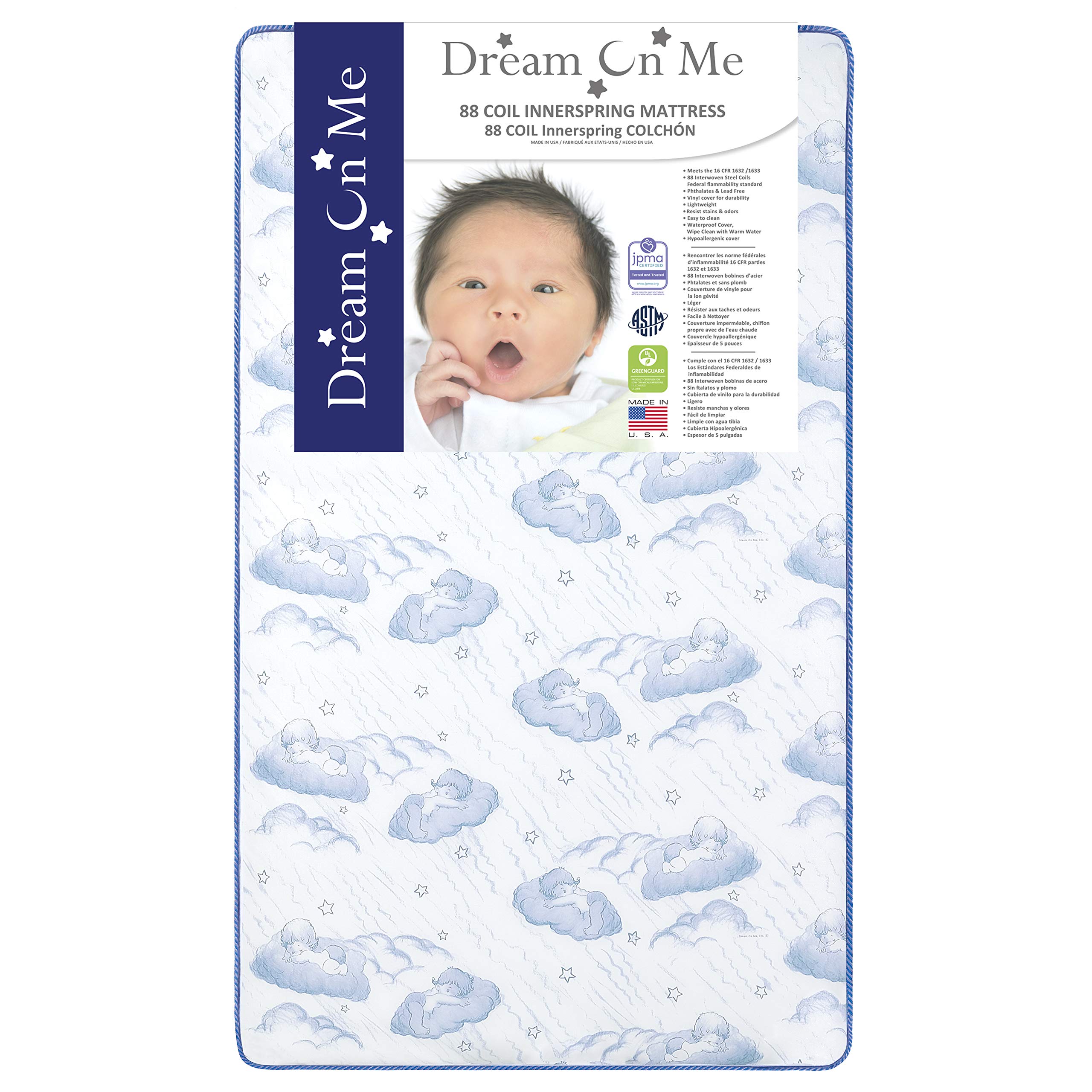 Dream On Me Sweet Dreams 88 Coil Spring Crib and Toddler Bed 6" Mattress in Blue, Green Guard Gold Certified, 17 lb