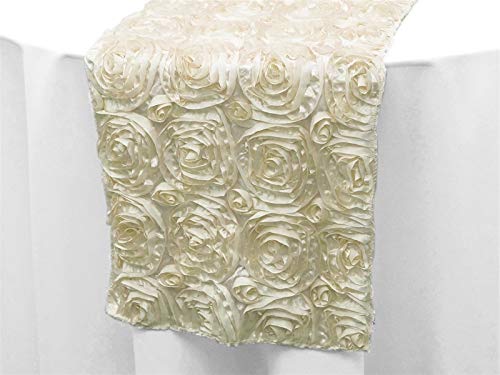 Rectangular , Round , Runner Grandiose Rosette 3D Satin Tablecloth for Wedding Party Event Decoration by Runner Linen Factory (Runner 14x108 Inch, Ivory)