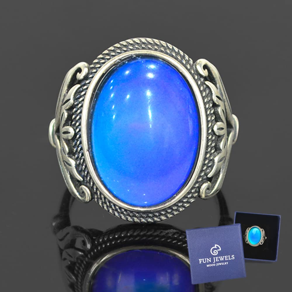 FUN JEWELS Burnished Sterling Silver Multi Color Change Oval Stone Mood Ring Size Adjustable