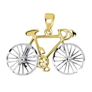 jewelry america solid 14k yellow gold two-tone bicycle bike with textured wheels pendant