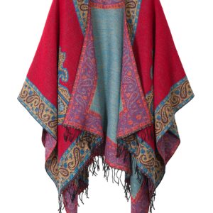 Urban CoCo Women's Printed Tassel Open front Poncho Cape Cardigan Wrap Shawl (Red)