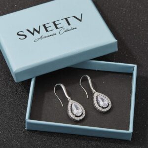 SWEETV Teardrop Wedding Earrings for Brides, Bridesmaids, Cubic Zirconia Dangle Earrings for Prom, Party, Formal Occasion,Silver