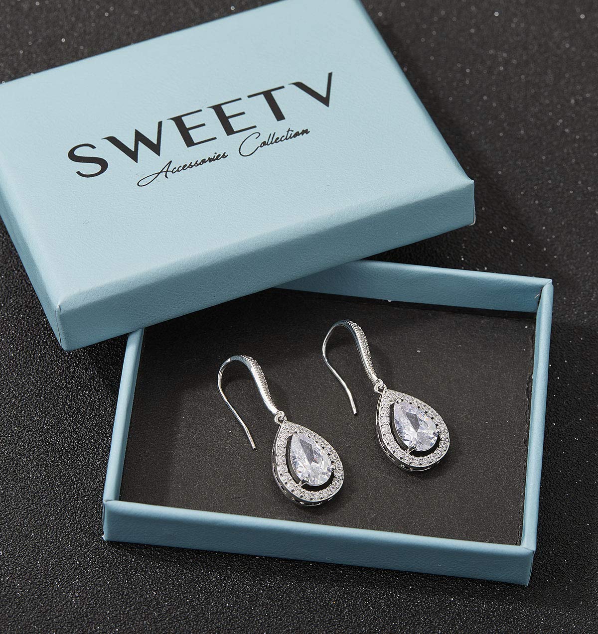 SWEETV Teardrop Wedding Earrings for Brides, Bridesmaids, Cubic Zirconia Dangle Earrings for Prom, Party, Formal Occasion,Silver