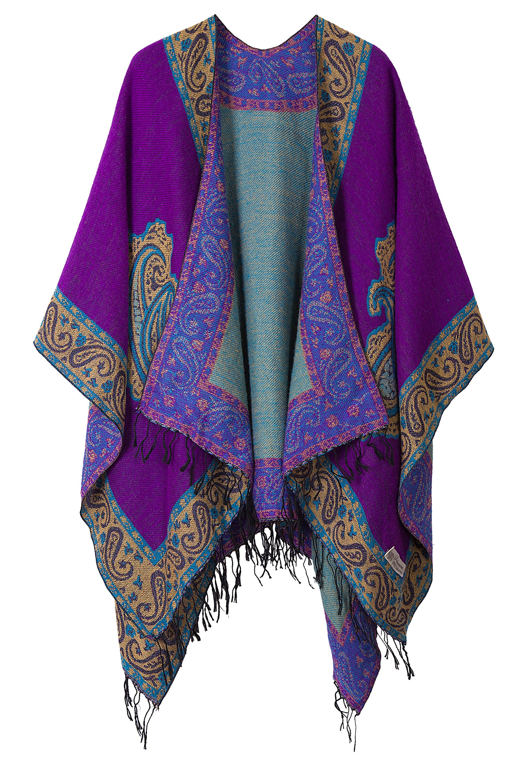 Urban CoCo Women's Fashionable Retro Style Vintage Pattern Tassel Poncho Shawl Cape (series 2 Purple)