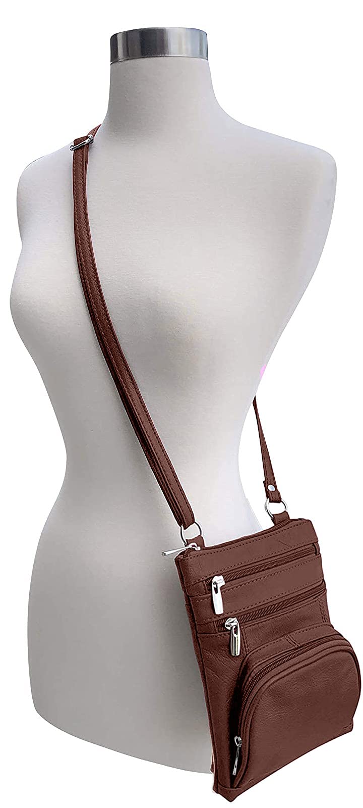 Roma Leathers Genuine X-Large Crossbody Purse, Multi-Pocket, Adjustable Strap, XL, Brown