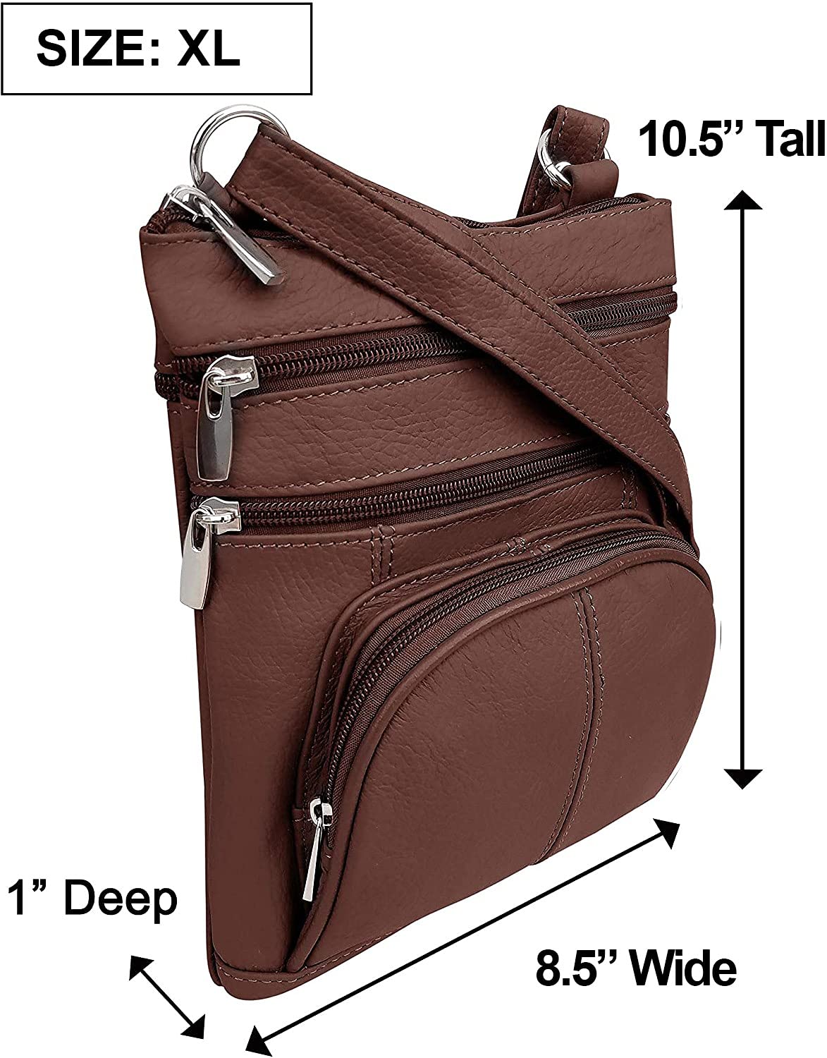 Roma Leathers Genuine X-Large Crossbody Purse, Multi-Pocket, Adjustable Strap, XL, Brown