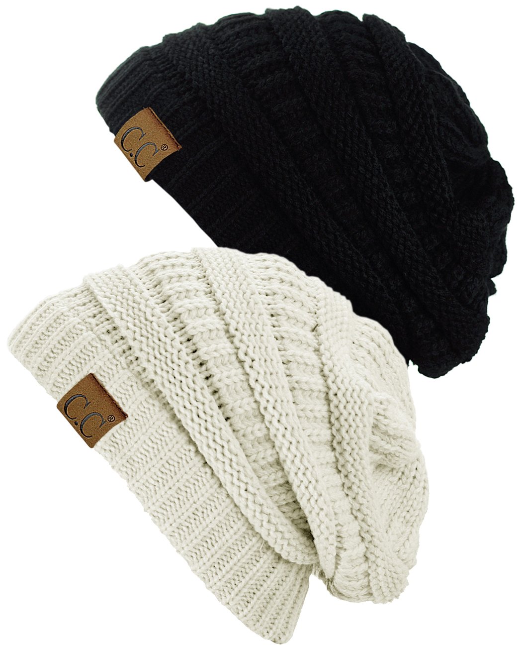 C.C Trendy Warm Chunky Soft Stretch Cable Knit Beanie Skully, 2 Pack Black/Ivory