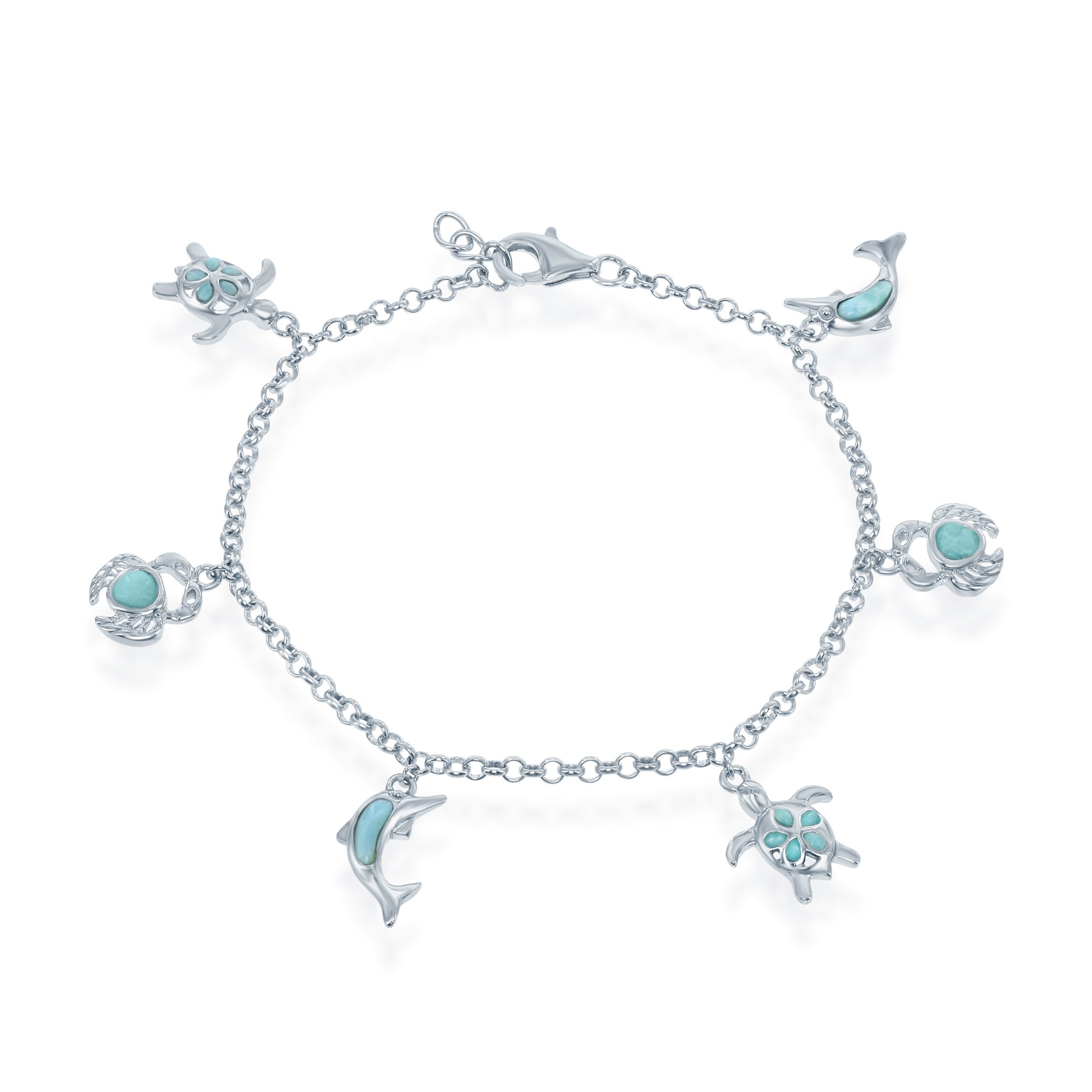 Sterling Silver Natural Larimar Nautical Turtle, Dolphin, Crab Charm 7+1" Bracelet