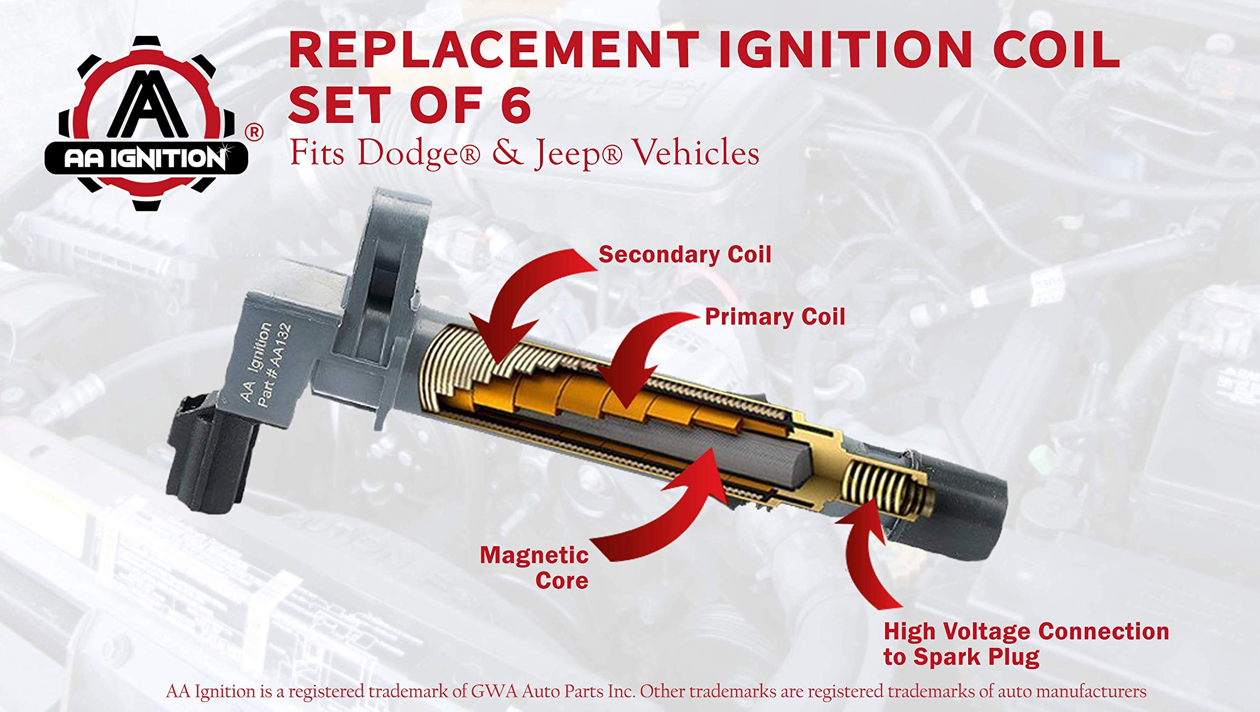 Ignition Coil Pack Set of 6 - Replaces 56028138AF, C1231 - Compatible with Dodge, Jeep Vehicles - 2002-2008 Ram 3.7 & 4.7L - 2000-2008 Dakota, Durango - 2002-2008 Grand Cherokee, Liberty