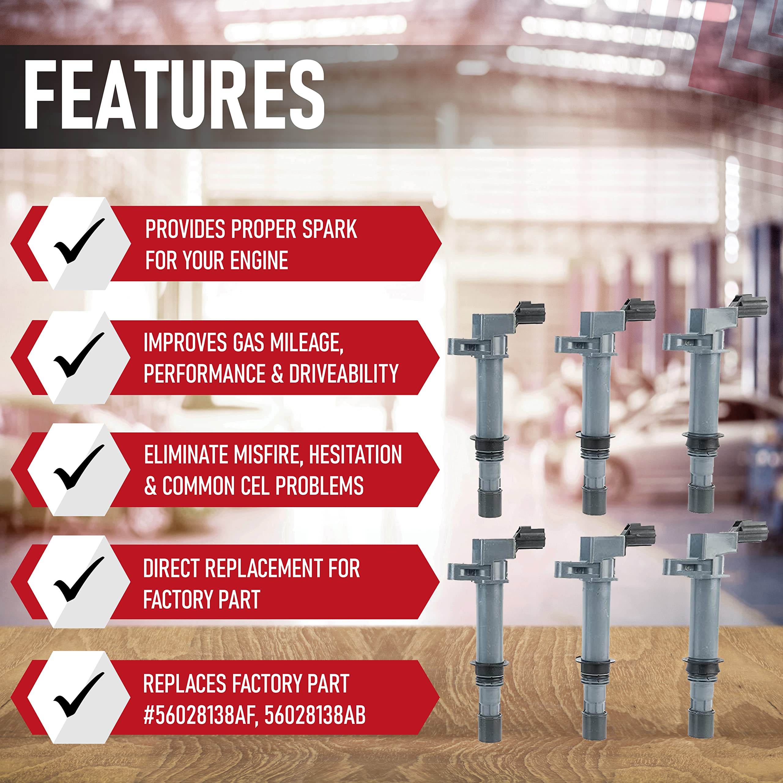 Ignition Coil Pack Set of 6 - Replaces 56028138AF, C1231 - Compatible with Dodge, Jeep Vehicles - 2002-2008 Ram 3.7 & 4.7L - 2000-2008 Dakota, Durango - 2002-2008 Grand Cherokee, Liberty