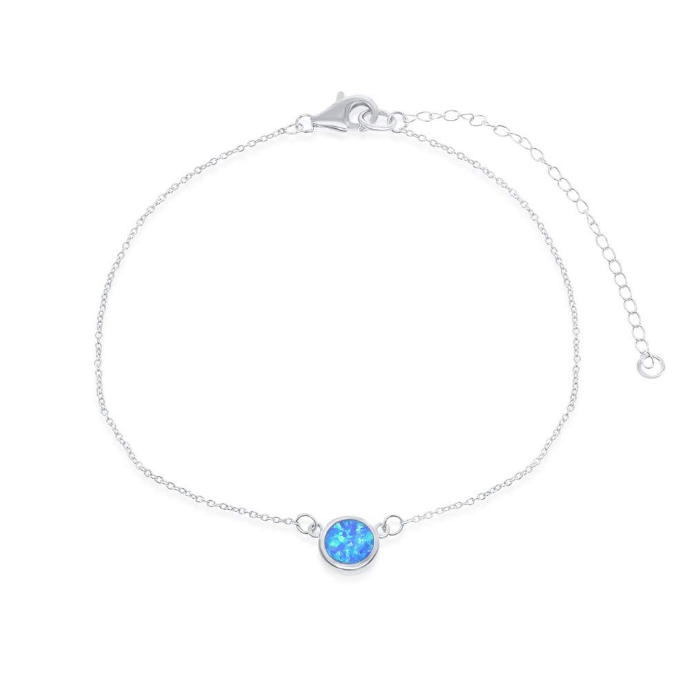 Sterling Silver Created Blue Opal Disc 12-16" Adjustable Choker Necklace