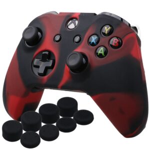 YoRHa Silicone Cover Skin Case for Microsoft Xbox One X & Xbox One S Controller x 1(red Black) with Pro Thumb Grips 8 Pieces