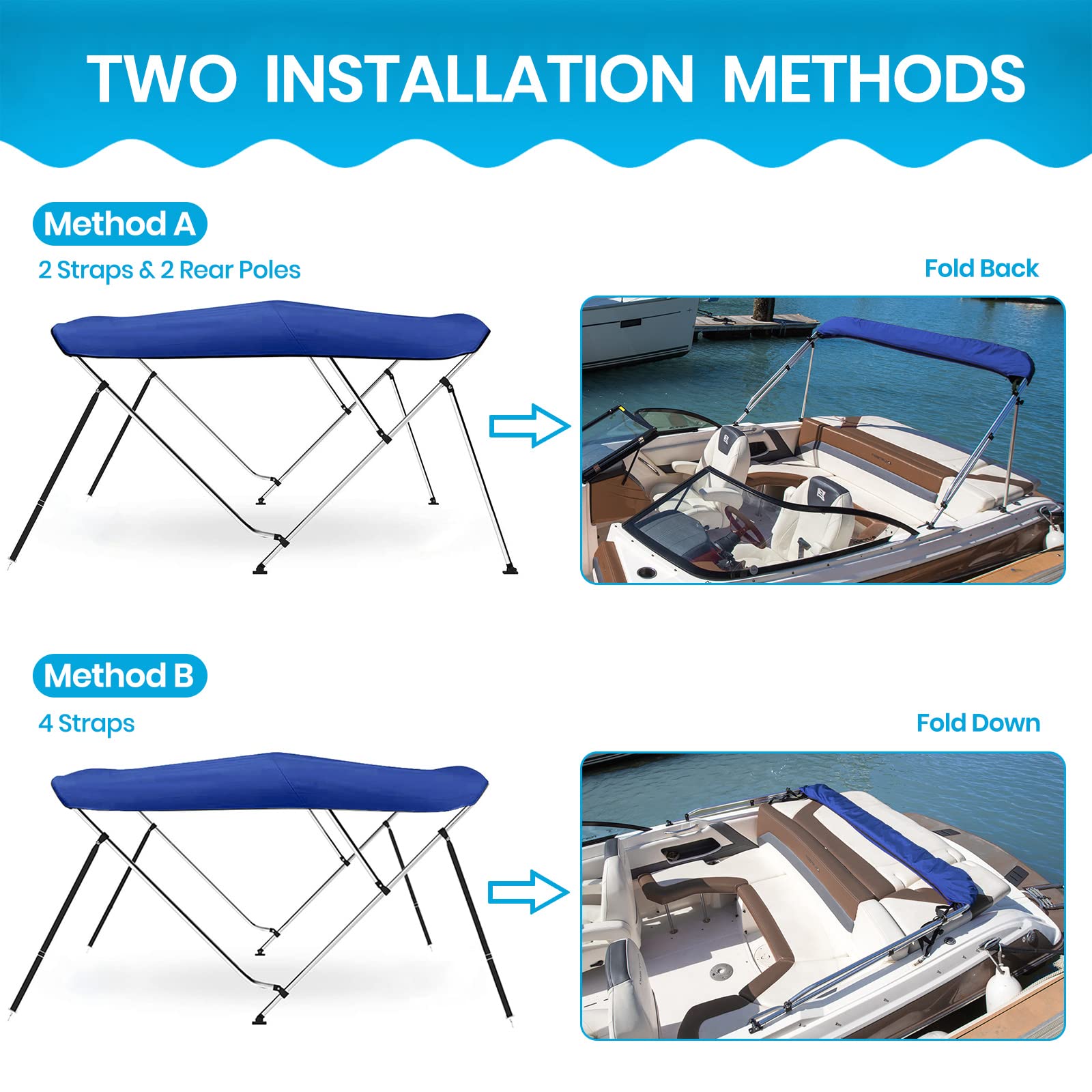 Naviskin Pacific Blue 4 Bow 8'L x 54" H x 91"-96" W Bimini Top Cover includes Mounting Hardwares,Storage Boot with 1 Inch Aluminum Frame