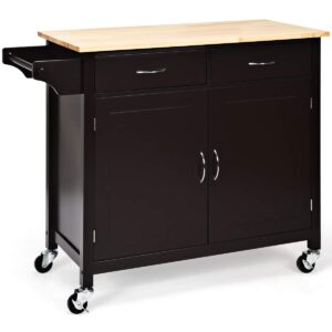 Giantex Kitchen Island, Rolling Kitchen Cart, Wood Counter Top, Utility Service Trolley Cart with Storage Cabinet and 2 Large Drawer Towel Rack, Bar Dining Room Organizer Furniture, Dark Brown