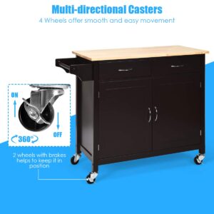 Giantex Kitchen Island, Rolling Kitchen Cart, Wood Counter Top, Utility Service Trolley Cart with Storage Cabinet and 2 Large Drawer Towel Rack, Bar Dining Room Organizer Furniture, Dark Brown