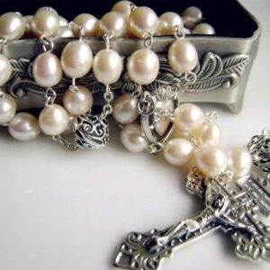 elegantmedical Bali 925 Sterling Silver 8-9mm Real Pearl Beads Catholic Rosary NECKLACE Cross