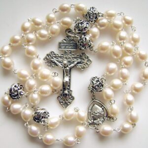 elegantmedical Bali 925 Sterling Silver 8-9mm Real Pearl Beads Catholic Rosary NECKLACE Cross