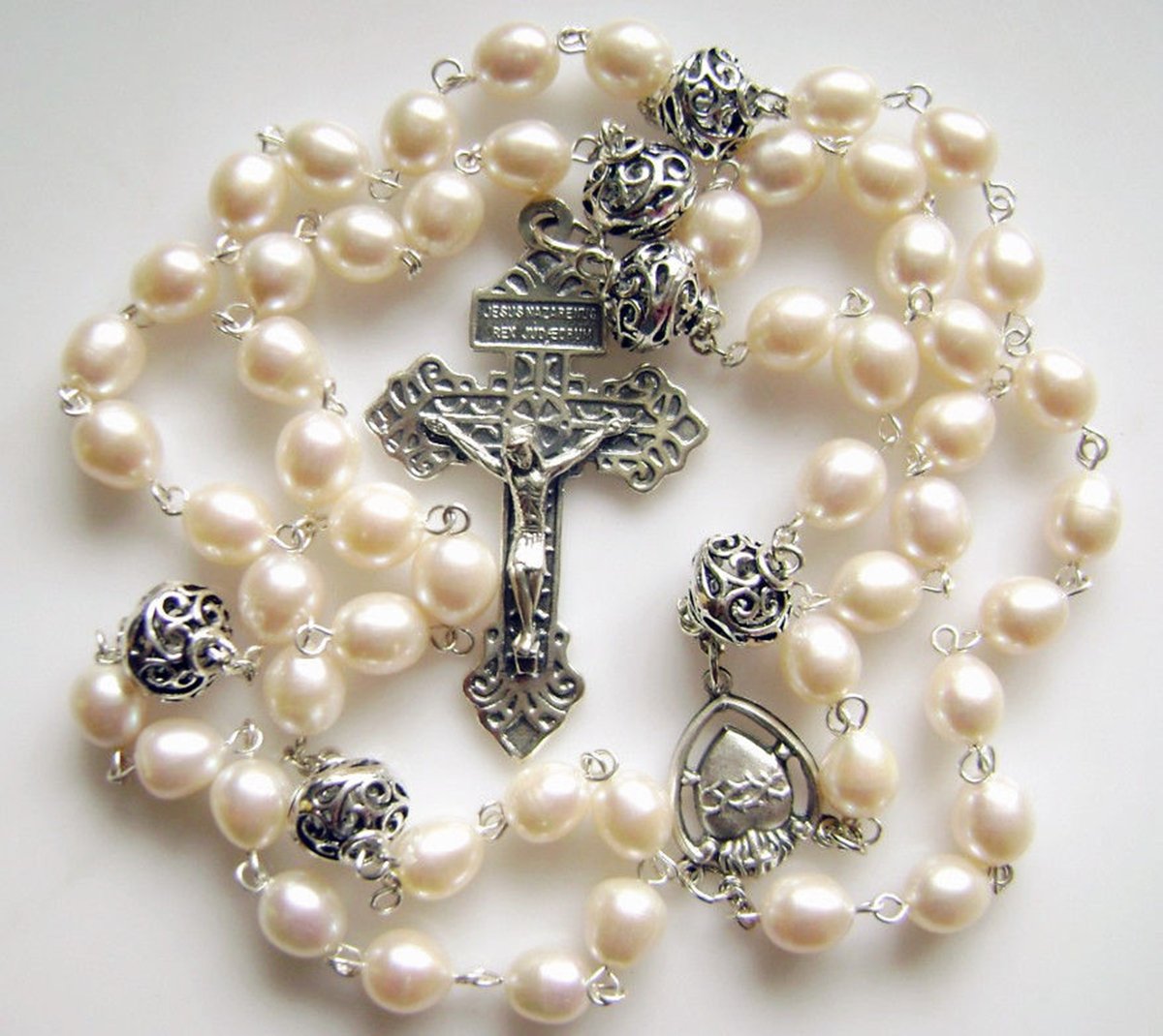 elegantmedical Bali 925 Sterling Silver 8-9mm Real Pearl Beads Catholic Rosary NECKLACE Cross