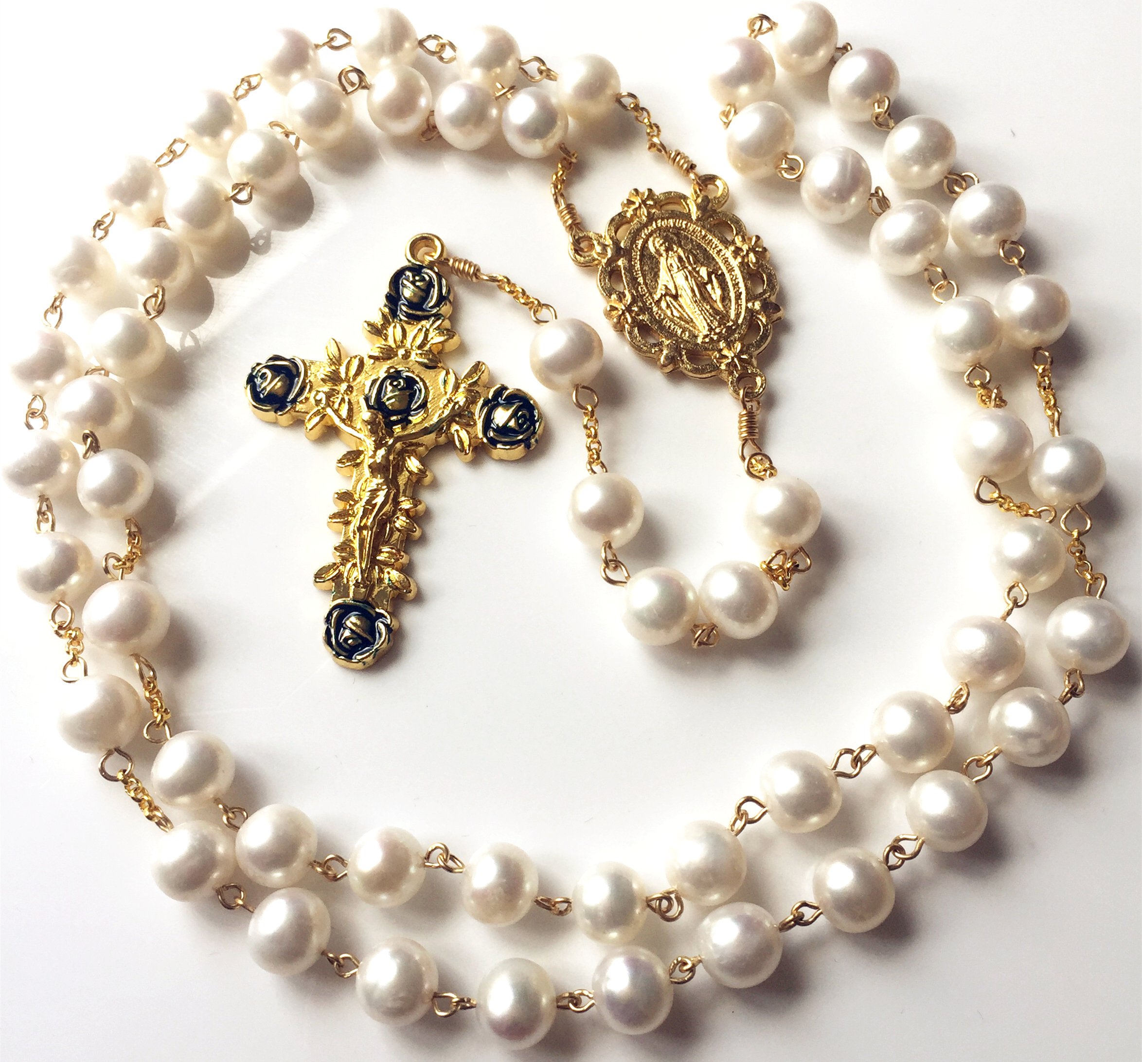 elegantmedical HANDMADE (AAA 10MM) Real Pearl BEADS CATHOLIC GOLD ROSARY CROSS GIFT NECKLACE Supper BOX