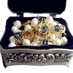 elegantmedical HANDMADE (AAA 10MM) Real Pearl BEADS CATHOLIC GOLD ROSARY CROSS GIFT NECKLACE Supper BOX