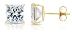 solid 14k yellow gold square solitaire cubic zirconia princess-cut large cz stud earrings for men and women (7mm)