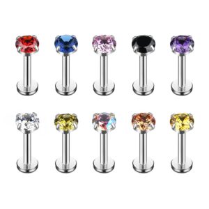 Ruifan 4mm Mix Color CZ Gem Internally Threaded Labret Monroe Lip Ring Tragus Nail Helix Earring Stud Barbell Piercing Jewelry 16G 10mm 10pcs