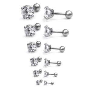 Ruifan 16G Stainless Steel Cubic Zirconia Tragus Earrings For Women Helix Earring Stud Body Jewelry Piercing Set 3-8mm 6Pairs - Silver